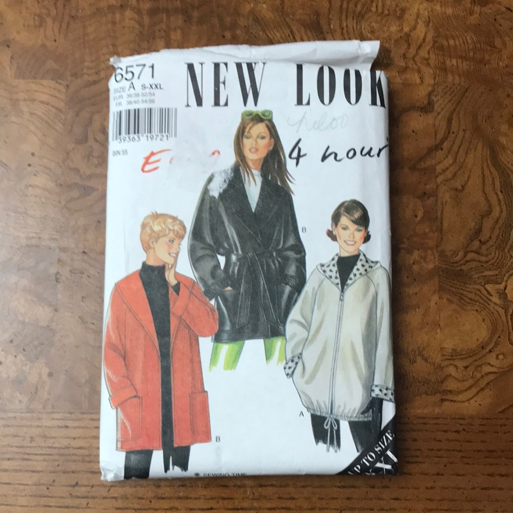 New Look 6571 Coat, Jacket Sewing Pattern Size A, S-M-L XL XXL